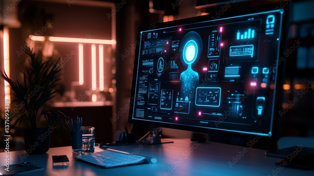 An advanced AI assistant hologram projecting an interactive interface in a modern workspace with neon lighting in the background An advanced AI assistant hologram projecting an interactive interface in a modern workspace with neon lighting in the background
