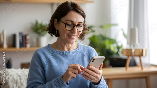 Smiling senior woman using smartphone at home reading good news
