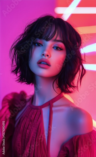 Stunning Portrait of a Model With Edgy Hair and Vibrant Neon Lights in a Cont...