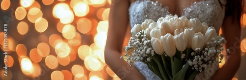 Beautiful Bouquet of White Tulips Held by a Bride at Sunset Near Glowing Lights