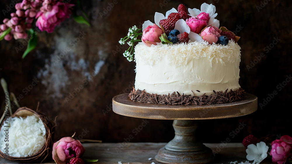 homemade coconut cake with coconut and coconut flakes