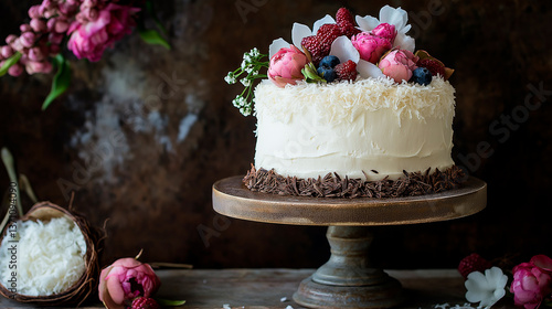 homemade coconut cake with coconut and coconut flakes