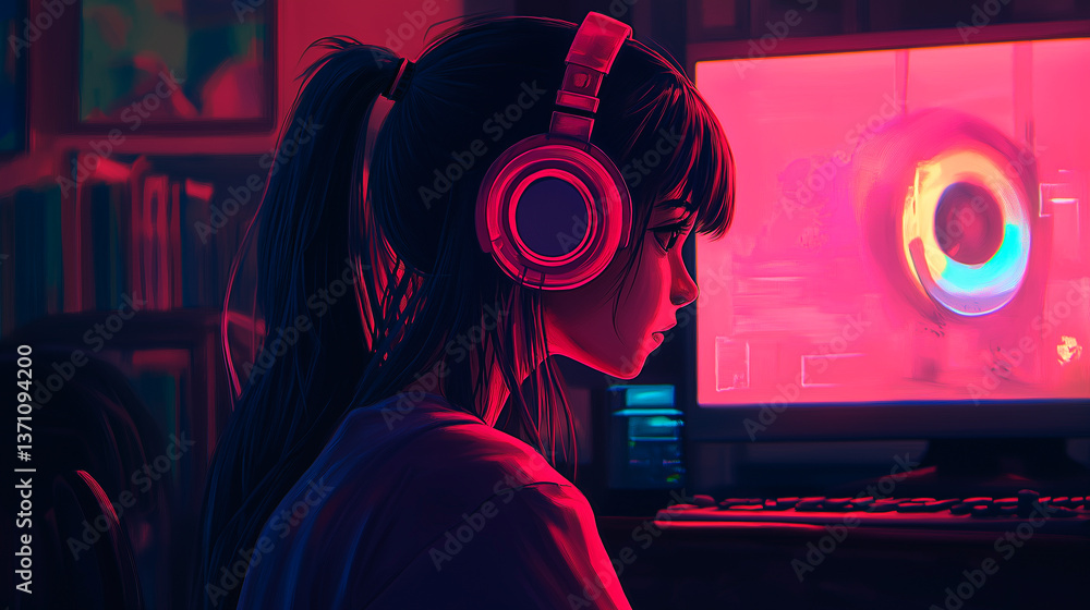 young woman with headphones listening music at home