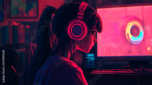Obraz na płótnie young woman with headphones listening music at home w salonie