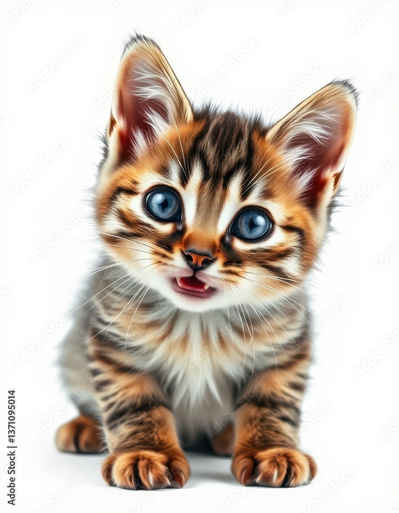 Cute tabby kitten with bright blue eyes exploring a white background in a playful mood Cute tabby kitten with bright blue eyes exploring a white background in a playful mood
