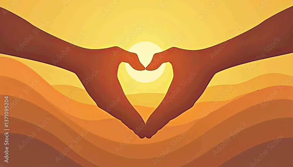 Fototapeta premium Adult hands form heart shape around child silhouette against sunrise. Symbol of parental love, family relationship, child protection, care, and hope