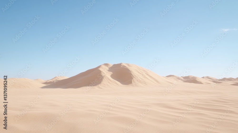Fototapeta premium Vast desert landscape under a clear sky. Sand dunes rise gently in the distance