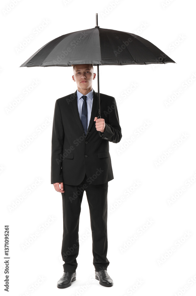 Man in suit with black umbrella on white background Man in suit with black umbrella on white background