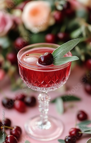 Cherry Cocktail With Fresh Herbs and Floral Backdrop During a Spring Gathering