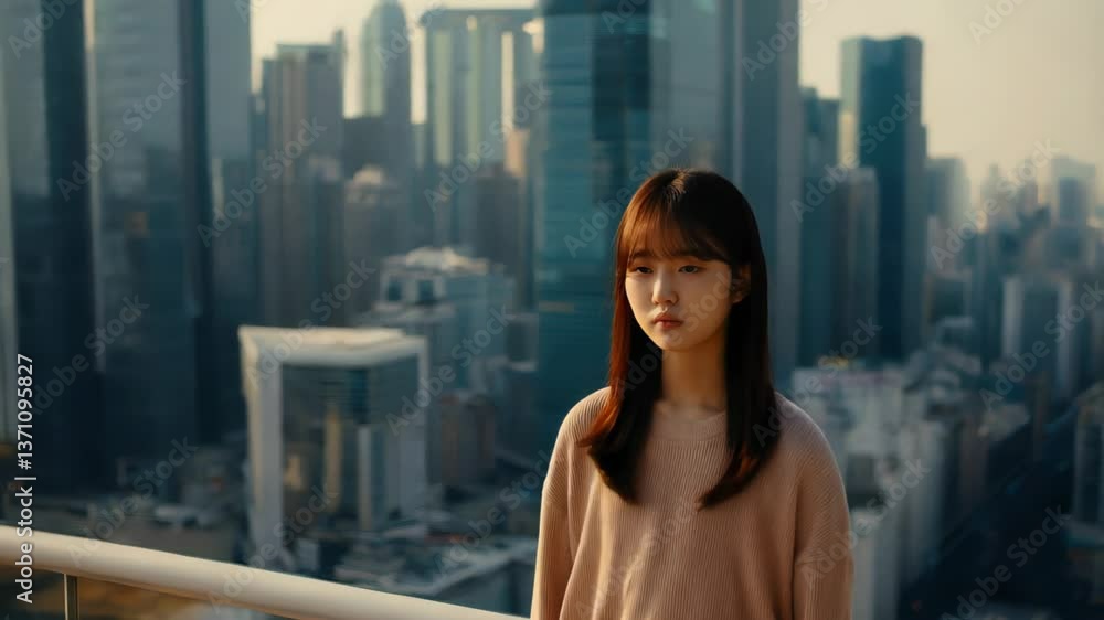 Young woman standing still on rooftop with modern city skyline in soft morning light
Young woman standing still on rooftop with modern city skyline in soft morning light
