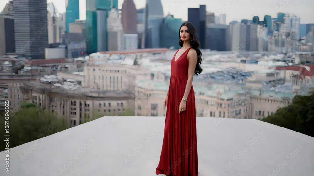 Elegant woman in red dress standing still with panoramic city view in the background
Elegant woman in red dress standing still with panoramic city view in the background