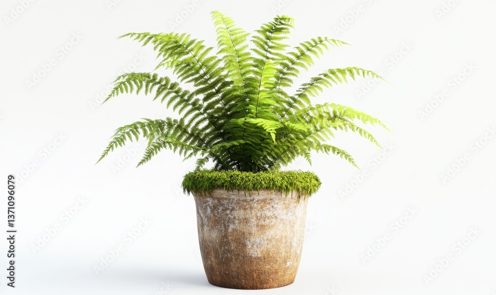 Obraz premium Potted fern with moss on white background for home decor