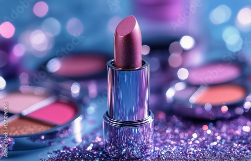 Bright Pink Lipstick Stands out Among Colorful Makeup Products on a Vibrant B...
