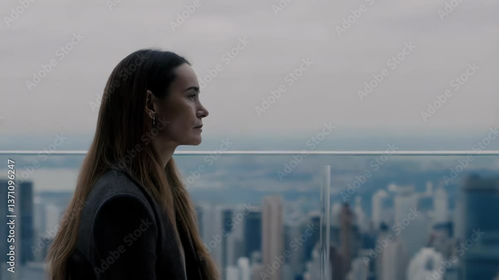 Smiling woman in blazer standing on rooftop terrace overlooking city skyline on cloudy day

