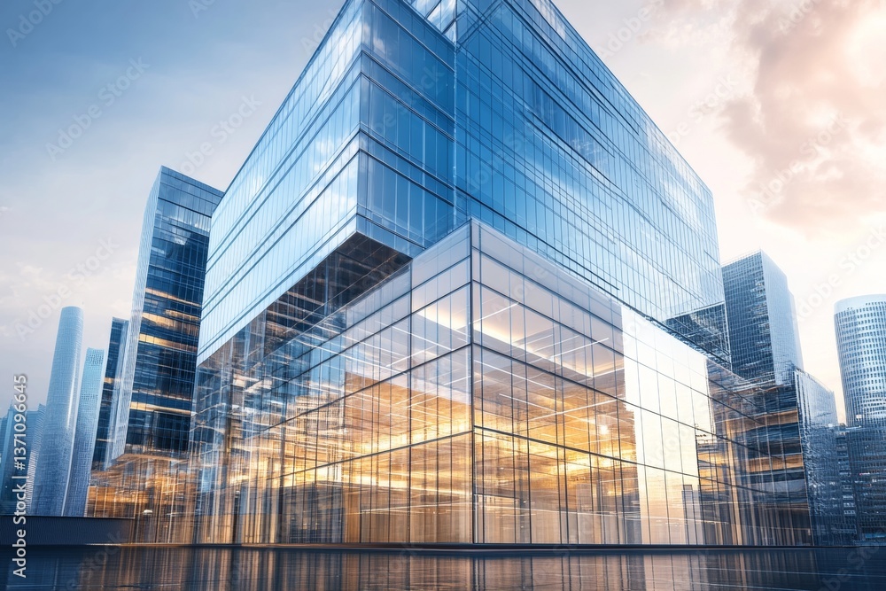 Fototapeta premium Contemporary office building with glass facade reflecting skyscrapers in city center setting