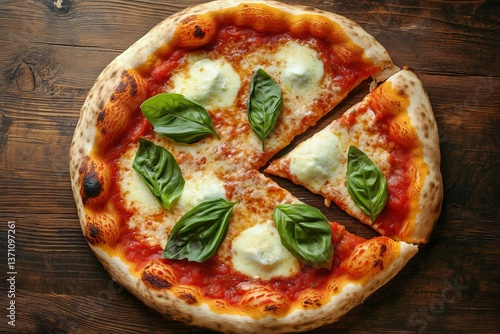 Freshly Baked Pizza Topped With Mozzarella and Basil on Wooden Table