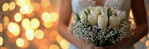 Beautiful Bouquet of White Tulips Held by a Bride at Sunset Near Glowing Lights