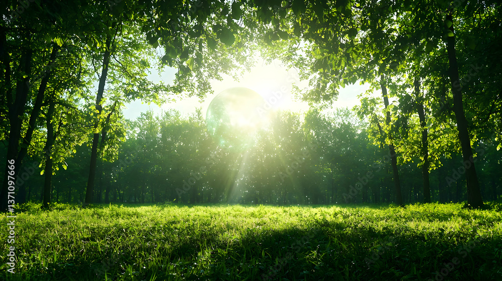 Obraz premium Sunlit Forest Landscape with Lush Green Grass