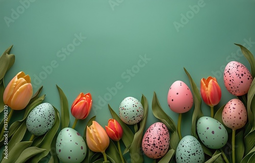Colorful Easter Eggs and Tulips Arranged on a Teal Background for Spring Cele...
