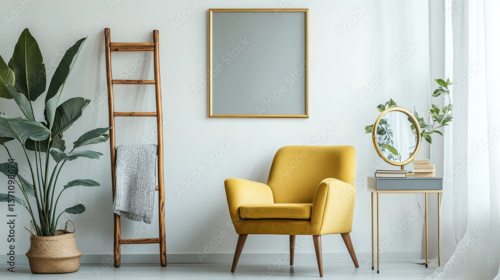 Stylish and luxury interior of with design honey yellow armchair, gray mock up frame, gold mirror, wooden ladder. Retro small table with elegant accessories and books. Modern home decor of living room Stylish and luxury interior of with design honey yellow armchair, gray mock up frame, gold mirror, wooden ladder. Retro small table with elegant accessories and books. Modern home decor of living room