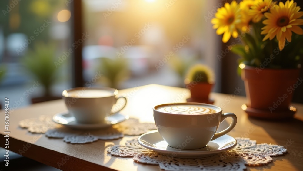 two cups of cappuccino with latte art two cups of cappuccino with latte art