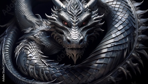 A high, zoomed out birds eye view up of a huge coiled up silver dragon with lots of spikes with spiky sharp points spread out all over it’s back;