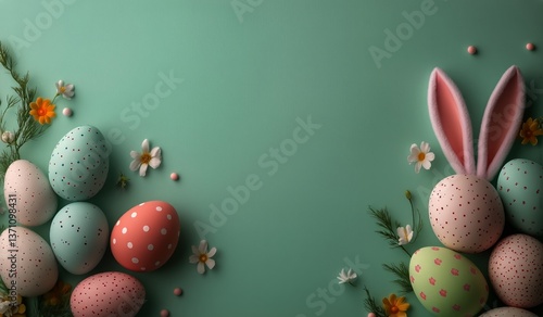 Cute Bunny Beside Colorful Easter Eggs in a Spring Setting on a Turquoise Bac...