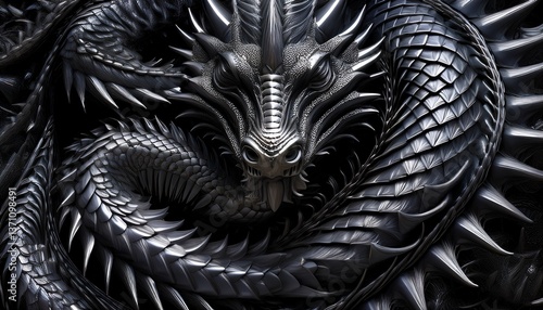 A high, zoomed out birds eye view up of a huge coiled up silver dragon with lots of spikes with spiky sharp points spread out all over it’s back;