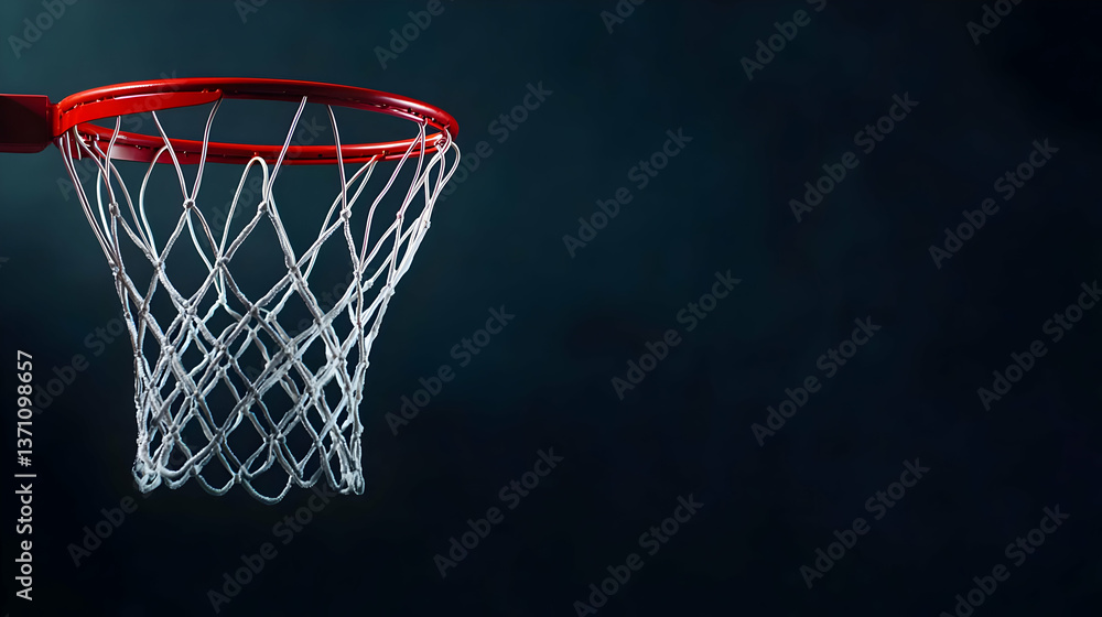 Close Up Shot of a Red Basketball Hoop with White Net Against a Dark Blue Background and Intense Spotlight Close Up Shot of a Red Basketball Hoop with White Net Against a Dark Blue Background and Intense Spotlight