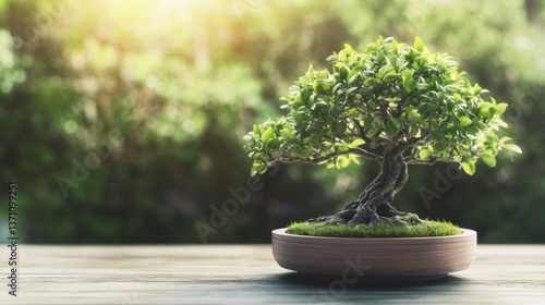 A thriving bonsai tree in a serene outdoor setting symbolizing tranquility and natural beauty