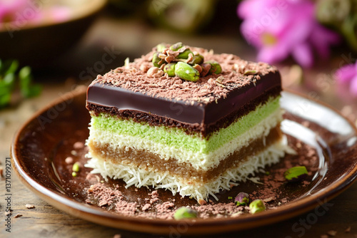 Wallpaper Mural Layered dubai chocolate dessert with pistachio on brown plate Torontodigital.ca