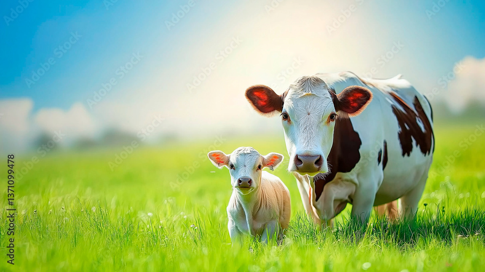 little calf and mother on green meadow with little cow