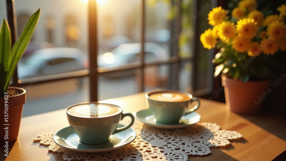 two cups of cappuccino with latte art two cups of cappuccino with latte art
