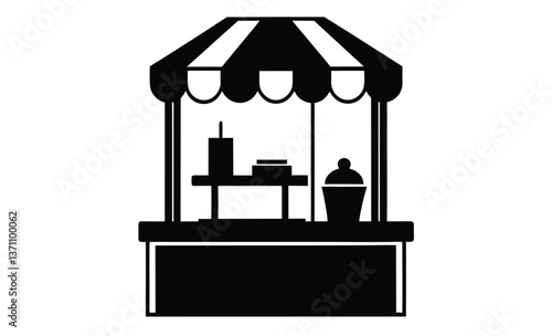 Street food stall icon silhouette, Street Food Stall Silhouette, An inviting black and white silhouette of a classic street food cart, perfect for representing culinary delights, festivals, and small 