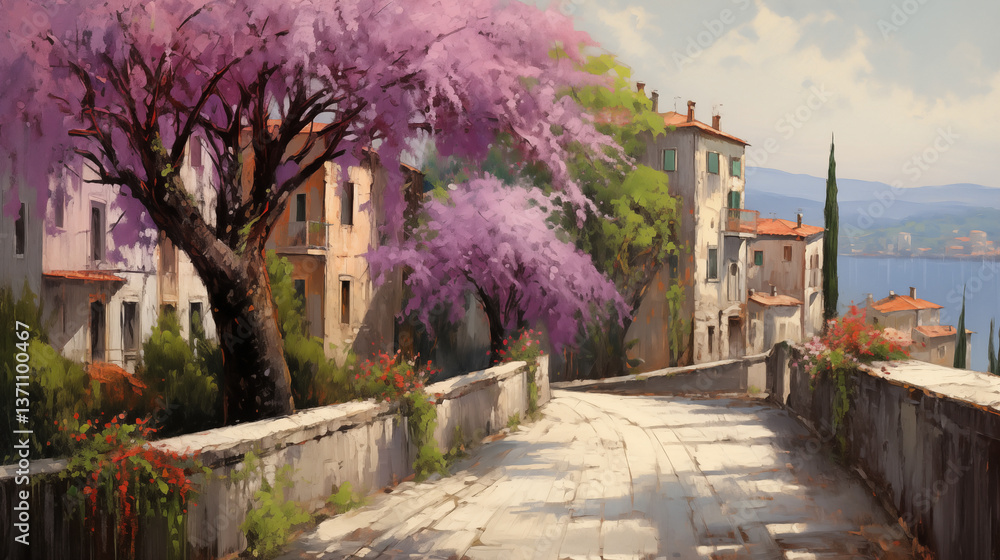 Springtime stroll through a charming European city with blooming trees and vibrant architecture Springtime stroll through a charming European city with blooming trees and vibrant architecture