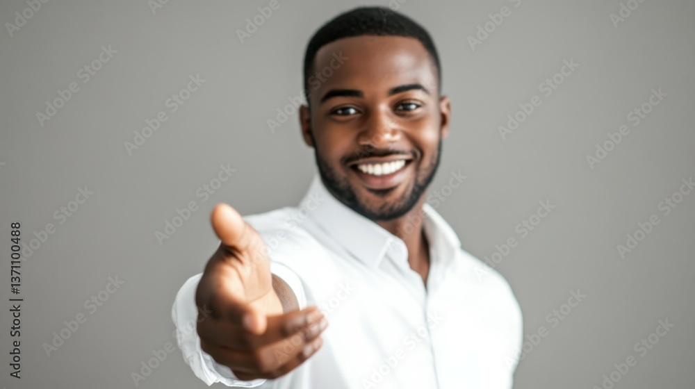 African man smiling warmly, extending hand for handshake, wearing a white shirt against a neutral gray background, expressing friendliness and openness, ideal for concepts of welcome and engagement African man smiling warmly, extending hand for handshake, wearing a white shirt against a neutral gray background, expressing friendliness and openness, ideal for concepts of welcome and engagement