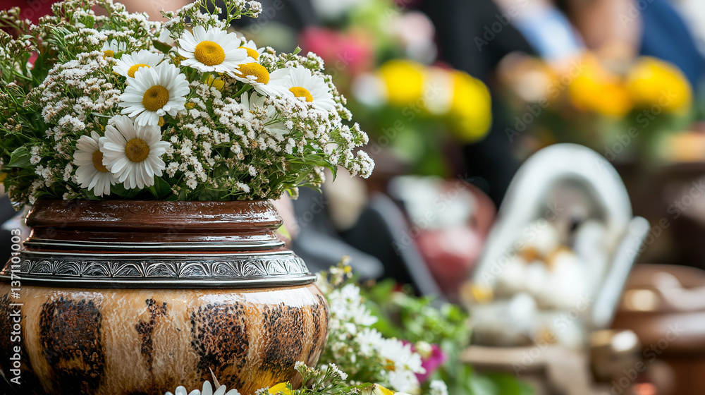 Flower arrangement in pottery vase at a floral display Flower arrangement in pottery vase at a floral display