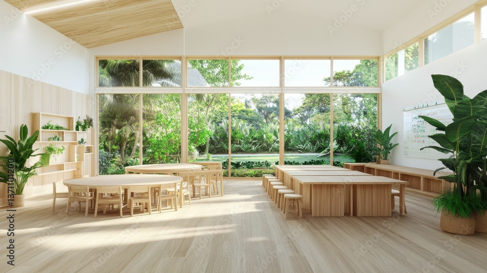 Light-wood classroom, large windows, lush greenery. Light-wood classroom, large windows, lush greenery.