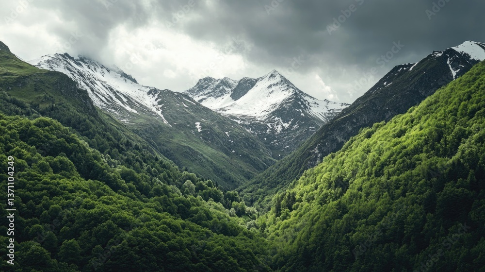 Mountain landscape with snow-capped peaks, scenic view Mountain landscape with snow-capped peaks, scenic view