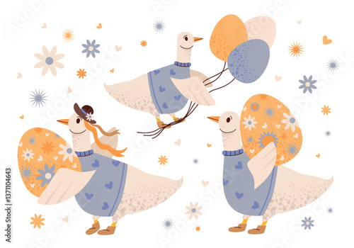 Easter geese, decorated eggs and festive spring flowers. Christian celebration. Cute and cheerful spring set with Easter cartoon geese in different poses. Vector flat children's illustration. 