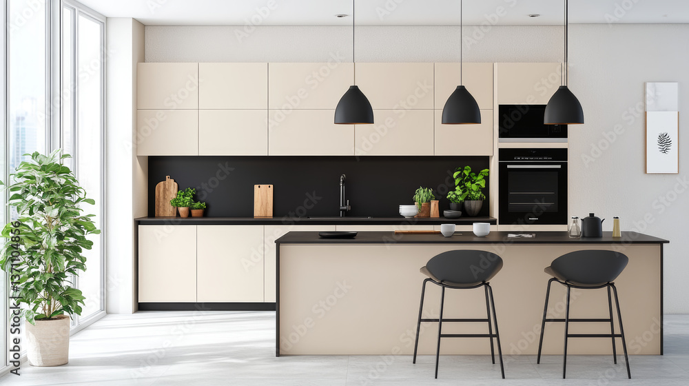 Stylish composition of modern kitchen interior design with copy space, beige sideboard and classy black accessories. Template. Autumn vibes. Stylish composition of modern kitchen interior design with copy space, beige sideboard and classy black accessories. Template. Autumn vibes.