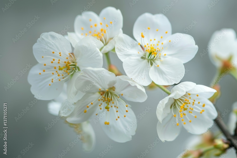 Obraz premium A close-up shot of cherry blossoms in full bloom, showcasing the delicate white petals and bright yellow centers, Delicate cherry blossoms in full bloom