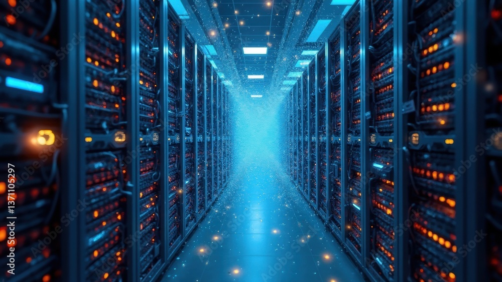 Long blue room with many computer servers. The servers are lit up and the room is illuminated Long blue room with many computer servers. The servers are lit up and the room is illuminated