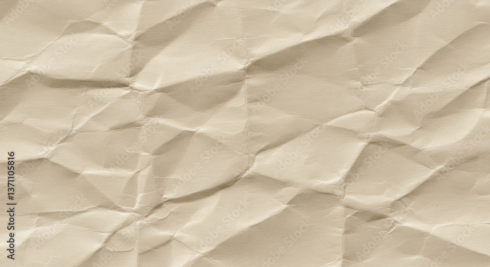 Fototapeta premium A close up of crumpled beige paper showing its texture and shadows in a detailed view for backgrounds