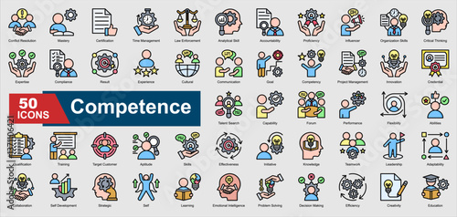A collection set of lineal style Competence icons. Includes expertise, proficiency, leadership, problem solving, training, and more. Perfect for illustration and design.