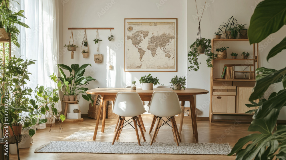 Stylish and botany interior of dining room with design craft wooden table, chairs, furniture, a lof of plants, window, poster map and elegant accessories in modern home decor. Template. Stylish and botany interior of dining room with design craft wooden table, chairs, furniture, a lof of plants, window, poster map and elegant accessories in modern home decor. Template.