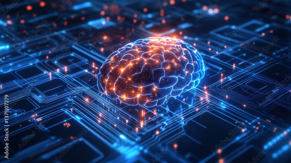 Fototapeta premium Futuristic digital environment with glowing neural connections and deep blue circuit patterns inspired by artificial intelligence technology