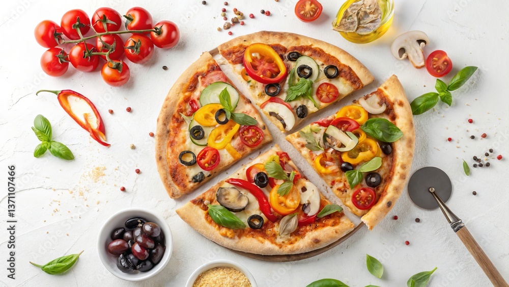 A vibrant vegetarian pizza, bursting with colorful bell peppers, mushrooms, and olives, a delicious summer meal captured in bright, overhead lighting. A vibrant vegetarian pizza, bursting with colorful bell peppers, mushrooms, and olives, a delicious summer meal captured in bright, overhead lighting.