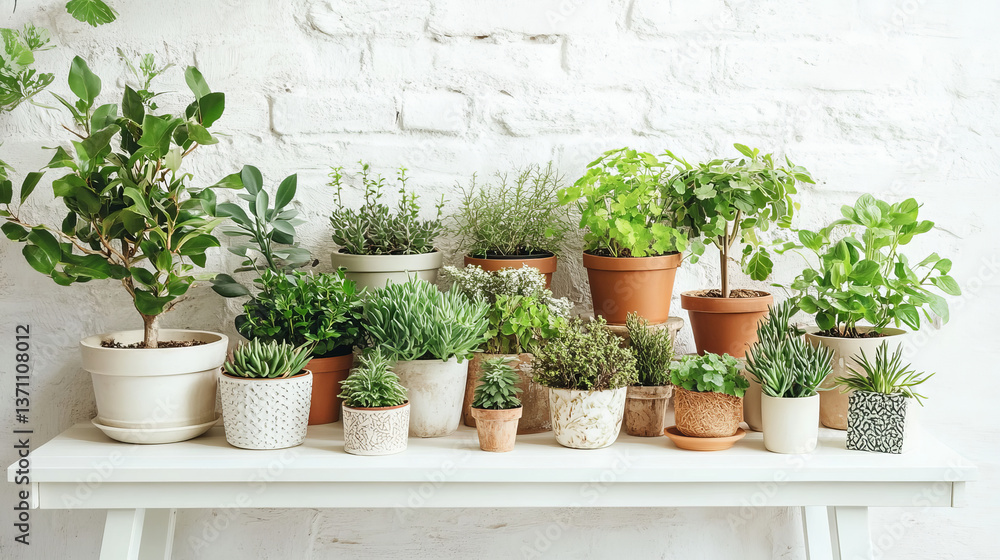 Stylish and botany composition of home interior garden filled a lot of plants in different design, elegant pots on the white table. White backgrounds walls. Green is better. Spring blossom. Template. Stylish and botany composition of home interior garden filled a lot of plants in different design, elegant pots on the white table. White backgrounds walls. Green is better. Spring blossom. Template.