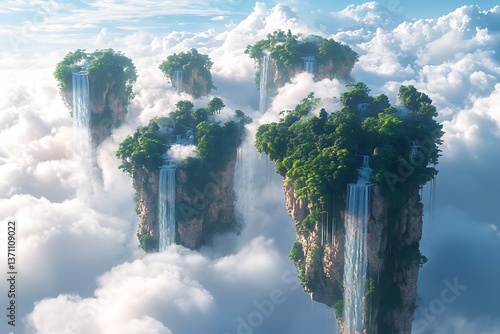 A surreal landscape featuring floating islands connected by cascading waterfalls, suspended in a sky filled with soft, drifting clouds